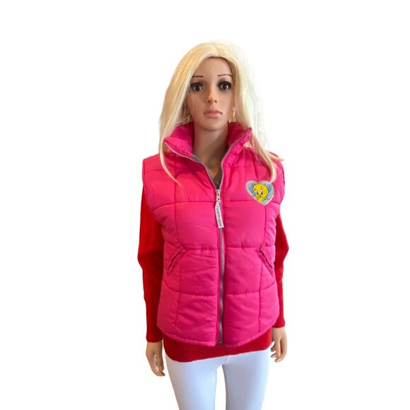 Vintage 90's Tweety Bird Looney Tunes Hot Pink Puffer Vest Junior 14/ Women S - Picture 11 of 14